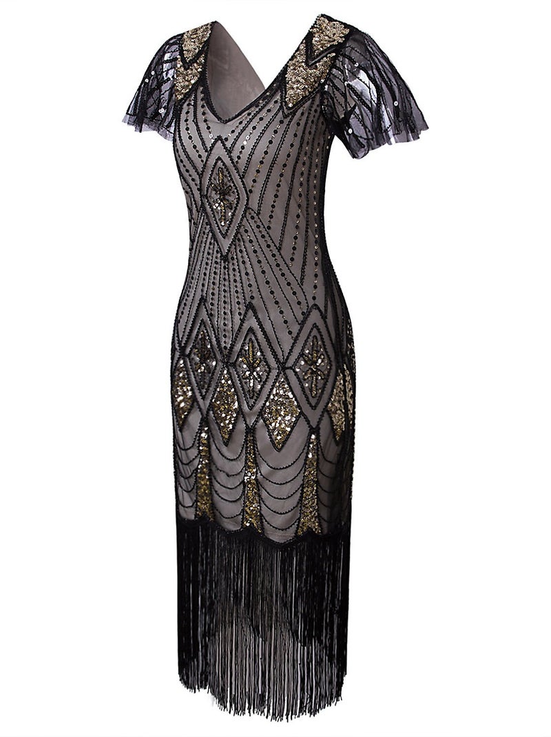Vijiv Women 1920s Gatsby Beaded Sequin Short Sleeve Art Deco Long Flapper Prom Dresses,XX-Large,Beige Gold - Image 3
